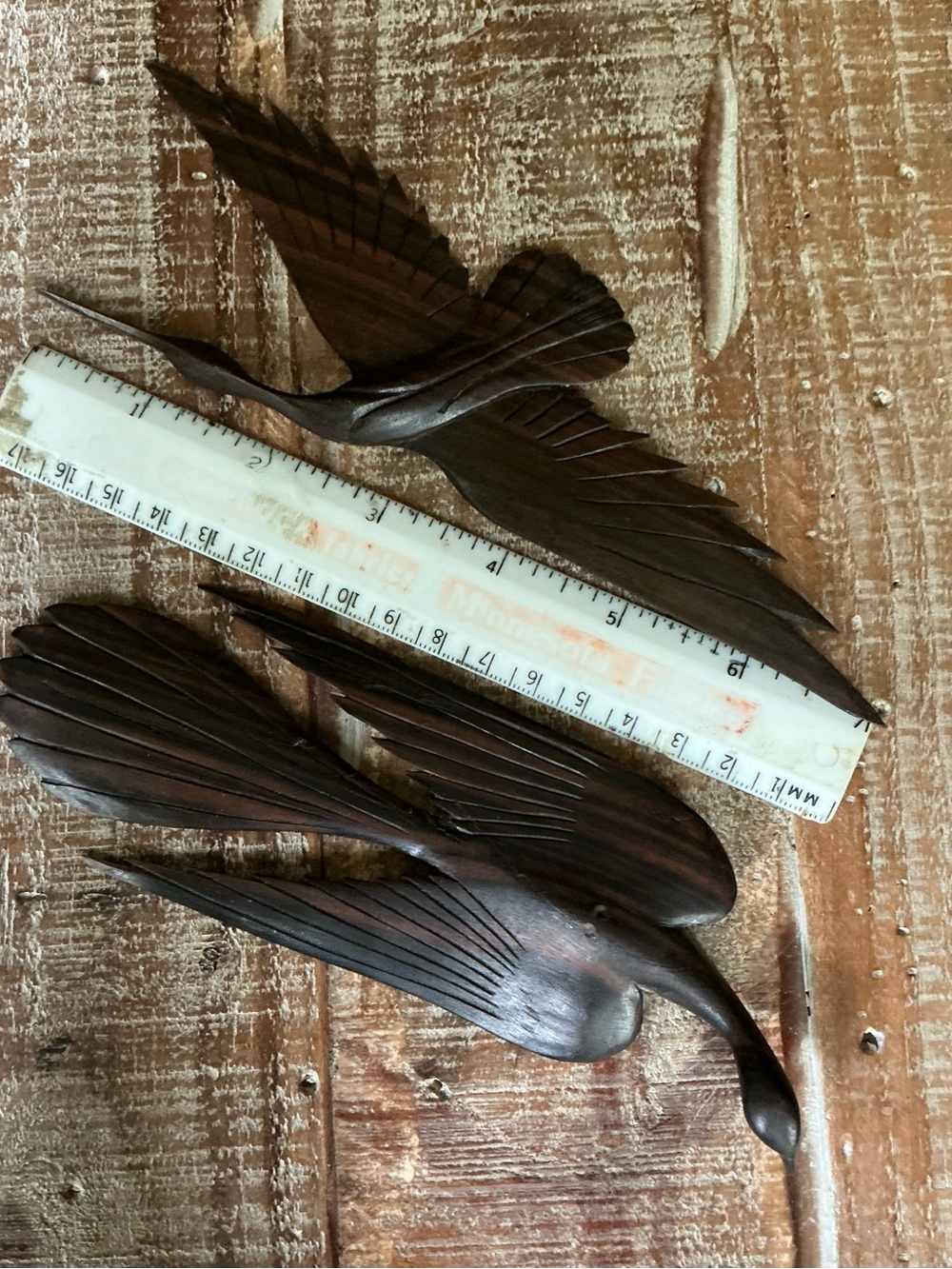Set of Two Carved Wooden Birds In Flight Decor Pieces - Dark Brown/Black Finish - Picture 3 of 4